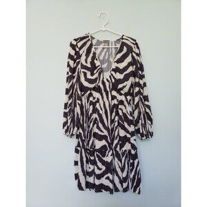 H&M Womens S Accordion Pleat Mini Dress Deep V Neck Abstract Stripe Brown Tiered